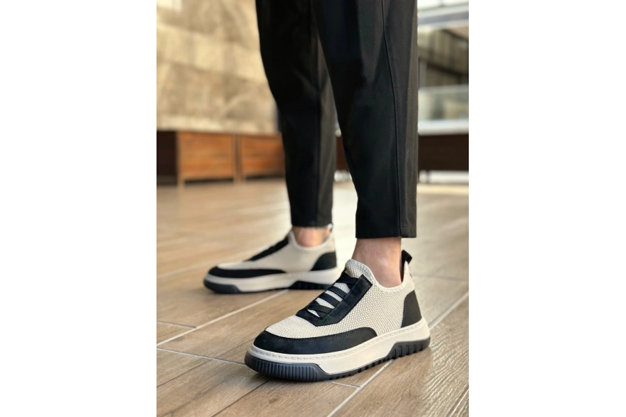 Shoecide Sb0911 Özel Örme Triko Deri Tozu Detaylı Bej Siyah Günlük Spor Ayakkabı