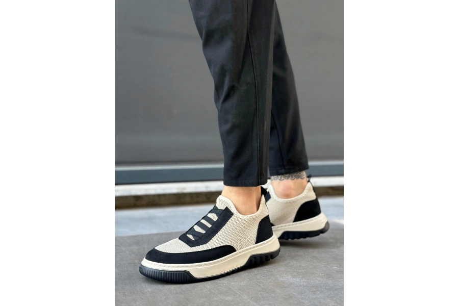 Shoecide Sb0911 Özel Örme Triko Deri Tozu Detaylı Bej Siyah Günlük Spor Ayakkabı