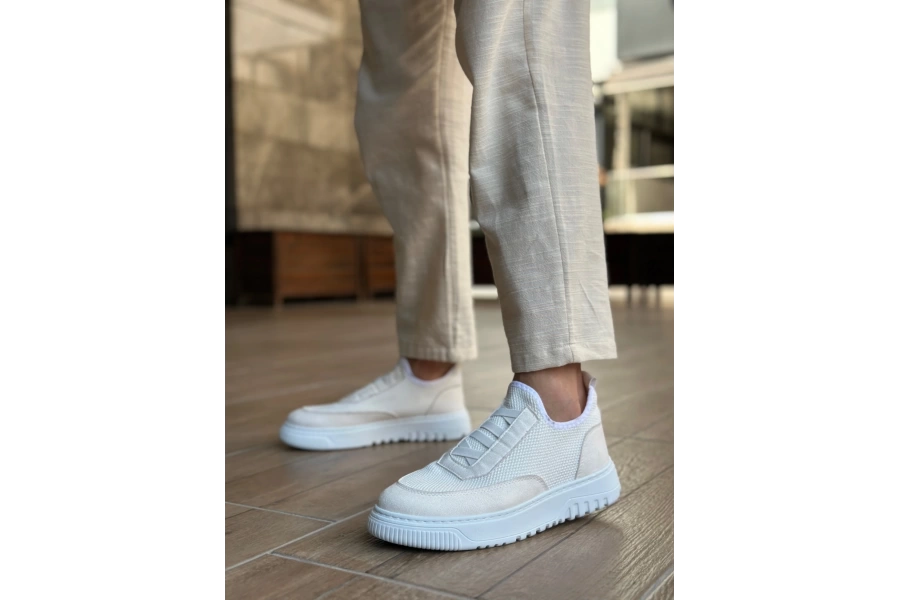 Shoecide Sb0911 Özel Örme Triko Deri Tozu Detaylı Beyaz Günlük Spor Ayakkabı