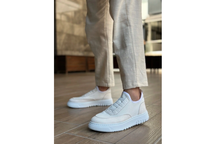 Shoecide Sb0911 Özel Örme Triko Deri Tozu Detaylı Beyaz Günlük Spor Ayakkabı