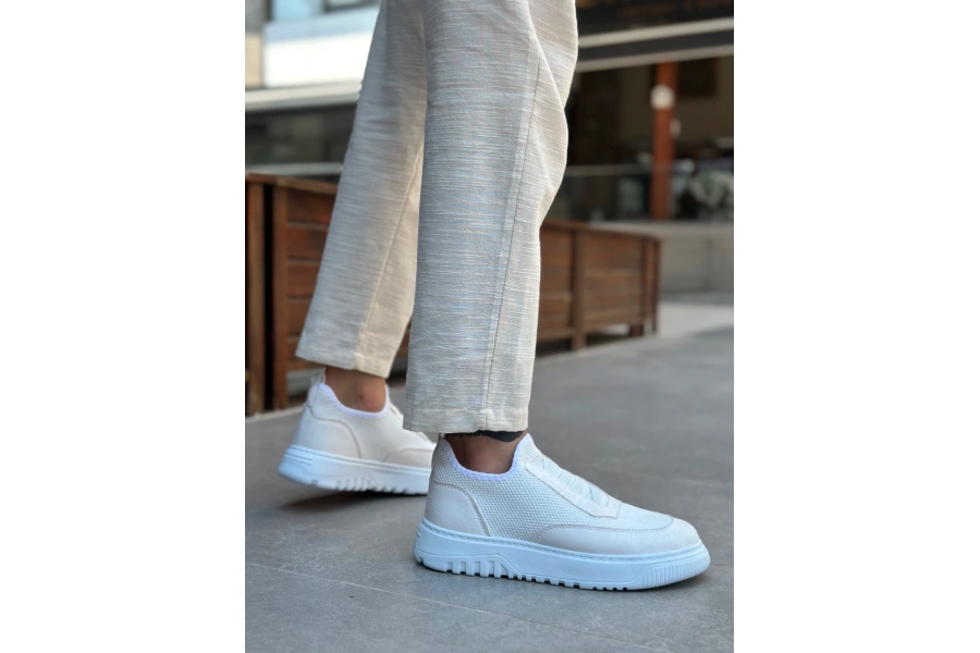Shoecide Sb0911 Özel Örme Triko Deri Tozu Detaylı Beyaz Günlük Spor Ayakkabı