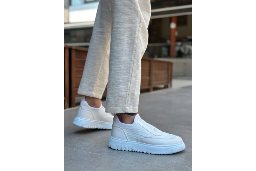 Shoecide Sb0911 Özel Örme Triko Deri Tozu Detaylı Beyaz Günlük Spor Ayakkabı