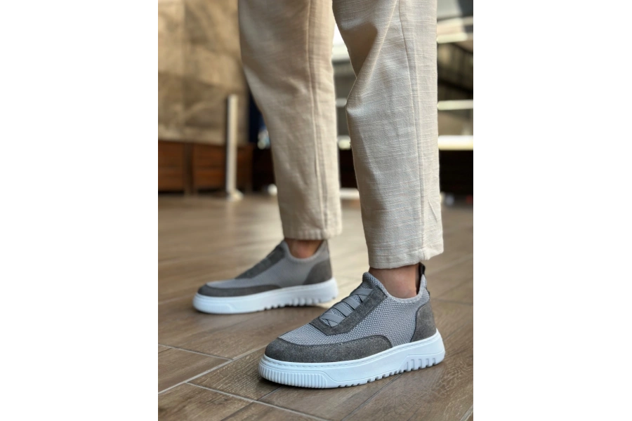 Shoecide Sb0911 Özel Örme Triko Deri Tozu Detaylı Gri Günlük Spor Ayakkabı