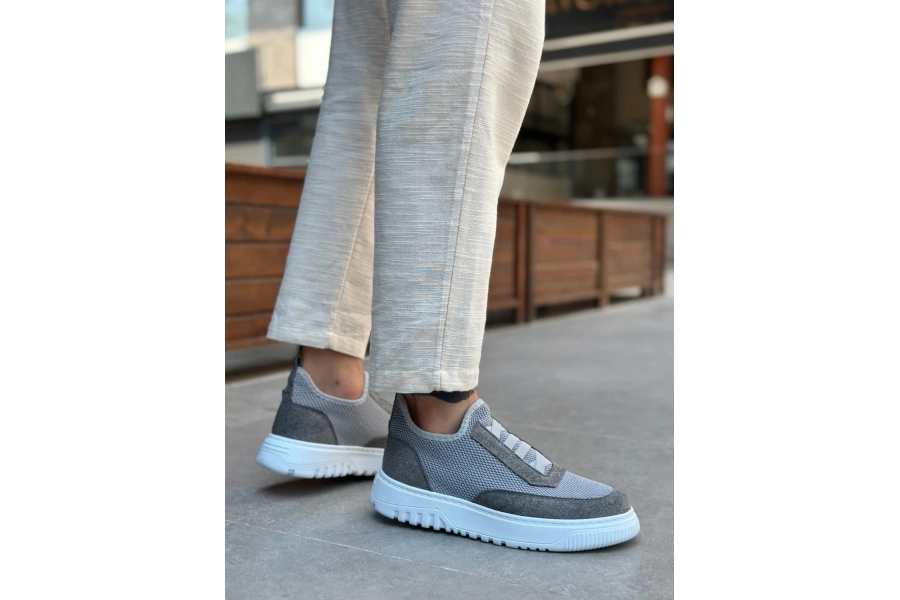 Shoecide Sb0911 Özel Örme Triko Deri Tozu Detaylı Gri Günlük Spor Ayakkabı