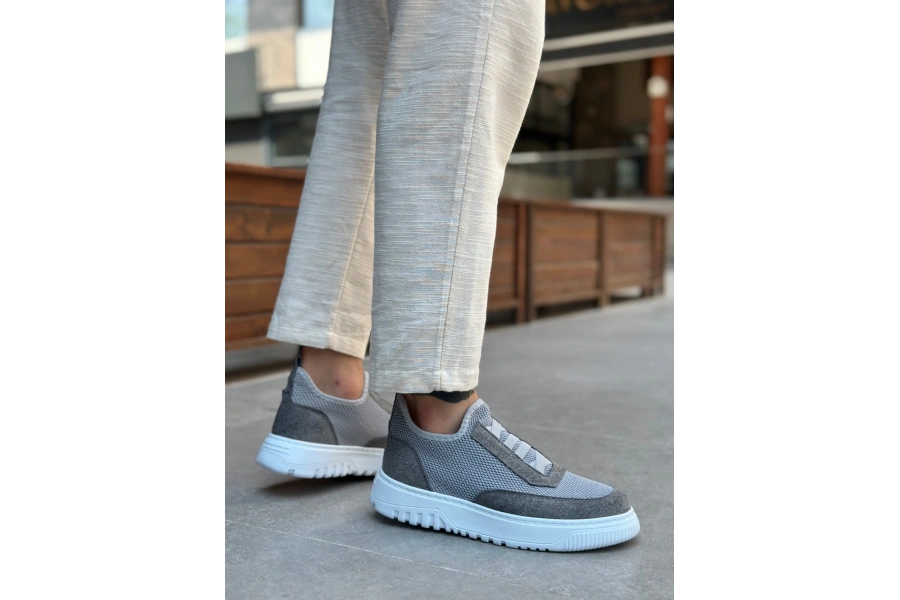 Shoecide Sb0911 Özel Örme Triko Deri Tozu Detaylı Gri Günlük Spor Ayakkabı