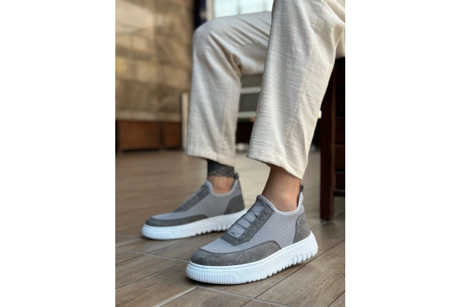 Shoecide Sb0911 Özel Örme Triko Deri Tozu Detaylı Gri Günlük Spor Ayakkabı