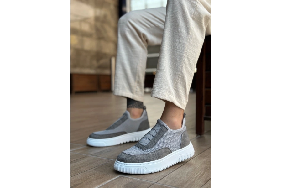 Shoecide Sb0911 Özel Örme Triko Deri Tozu Detaylı Gri Günlük Spor Ayakkabı