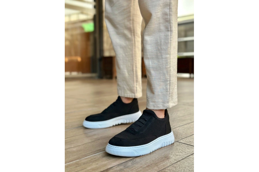 Shoecide Sb0911 Özel Örme Triko Deri Tozu Detaylı Siyah Günlük Spor Ayakkabı