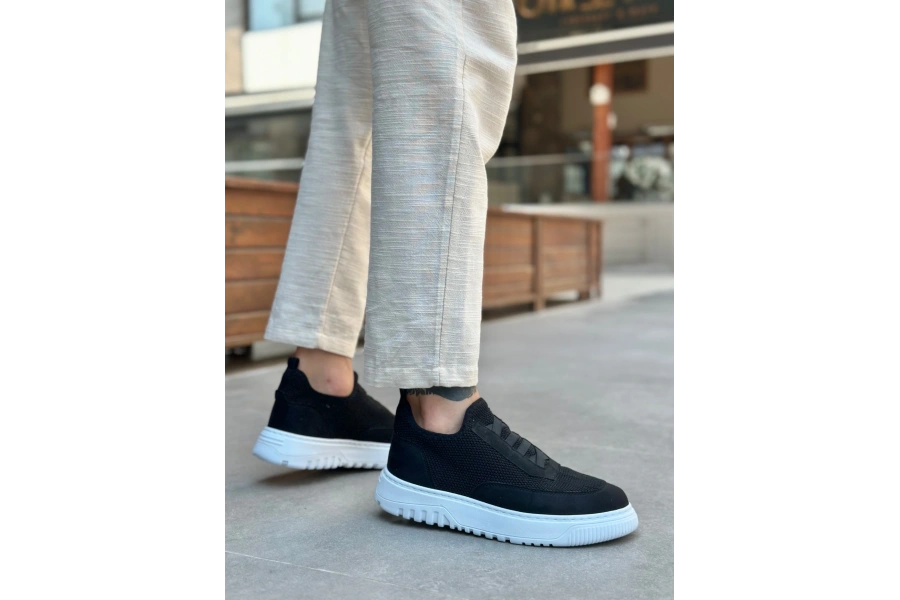 Shoecide Sb0911 Özel Örme Triko Deri Tozu Detaylı Siyah Günlük Spor Ayakkabı