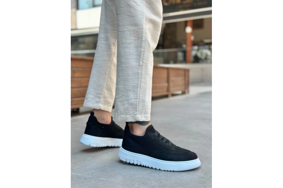 Shoecide Sb0911 Özel Örme Triko Deri Tozu Detaylı Siyah Günlük Spor Ayakkabı