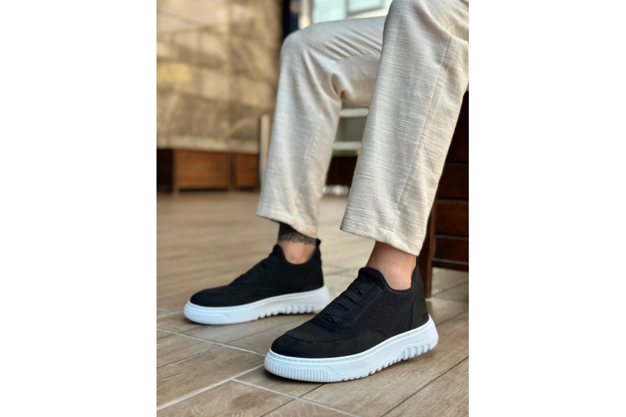 Shoecide Sb0911 Özel Örme Triko Deri Tozu Detaylı Siyah Günlük Spor Ayakkabı