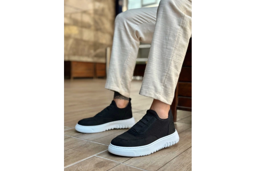 Shoecide Sb0911 Özel Örme Triko Deri Tozu Detaylı Siyah Günlük Spor Ayakkabı