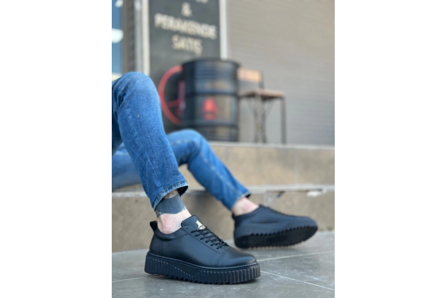 Shoecide Sb8104 Boa Yüksek Siyah Taban Siyah Cilt Bağcıklı Erkek Ayakkabı