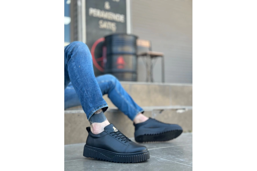 Shoecide Sb8104 Boa Yüksek Siyah Taban Siyah Cilt Bağcıklı Erkek Ayakkabı