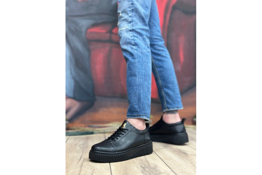 Shoecide Sb8104 Boa Yüksek Siyah Taban Siyah Cilt Bağcıklı Erkek Ayakkabı