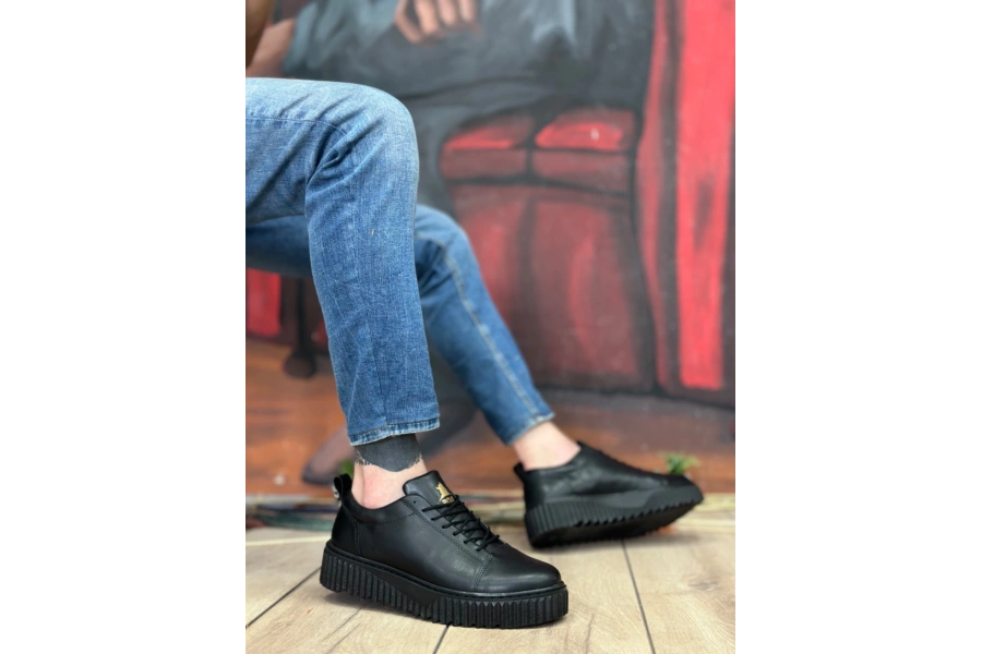 Shoecide Sb8104 Boa Yüksek Siyah Taban Siyah Cilt Bağcıklı Erkek Ayakkabı