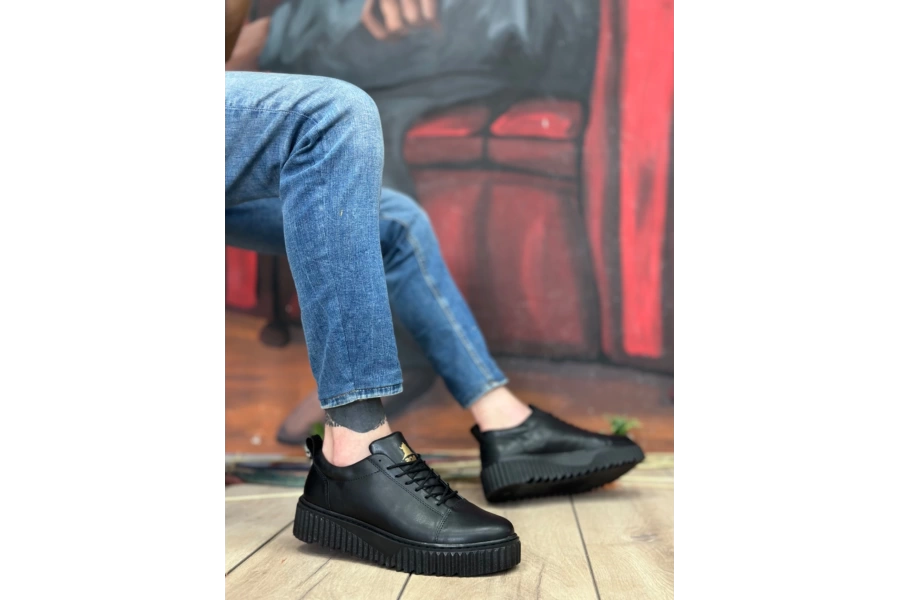 Shoecide Sb8104 Boa Yüksek Siyah Taban Siyah Cilt Bağcıklı Erkek Ayakkabı