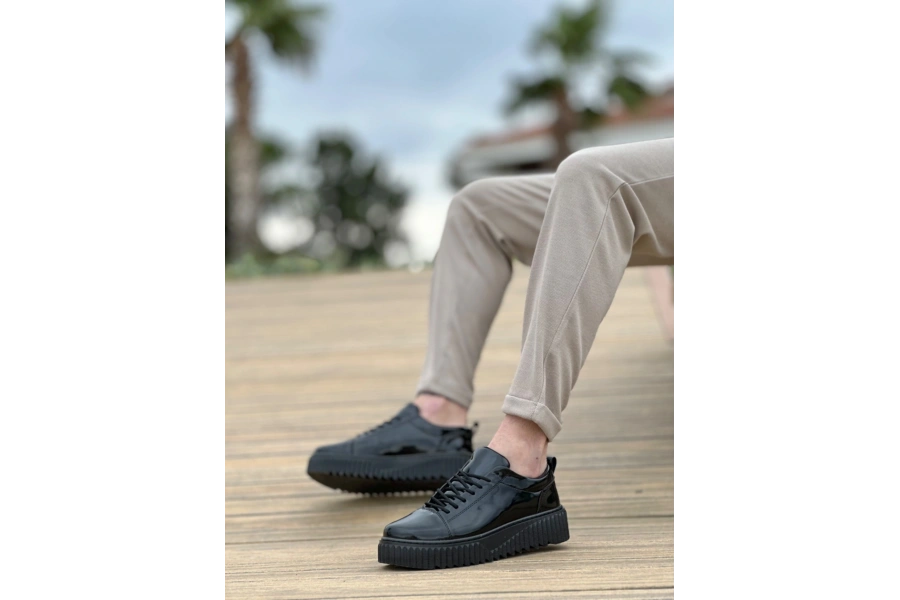 Shoecide Sb8104 Boa Yüksek Taban Rugan Siyah Bağcıklı Erkek Ayakkabı