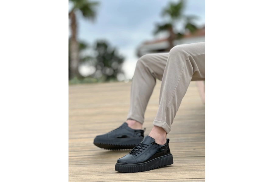 Shoecide Sb8104 Boa Yüksek Taban Rugan Siyah Bağcıklı Erkek Ayakkabı