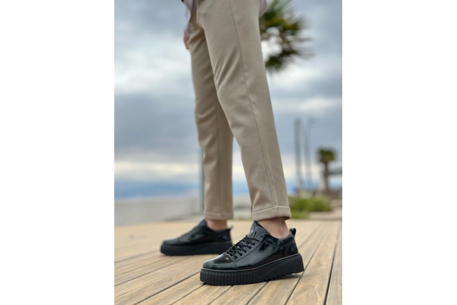 Shoecide Sb8104 Boa Yüksek Taban Rugan Siyah Bağcıklı Erkek Ayakkabı