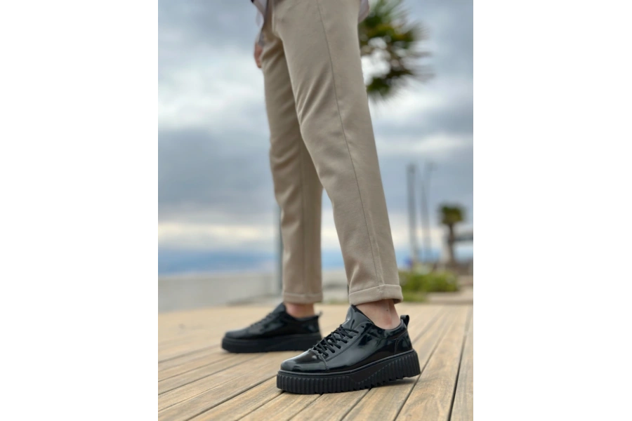 Shoecide Sb8104 Boa Yüksek Taban Rugan Siyah Bağcıklı Erkek Ayakkabı