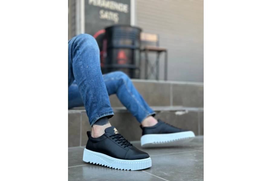Shoecide Sb8104 Boa Yüksek Taban Siyah Cilt Bağcıklı Erkek Ayakkabı