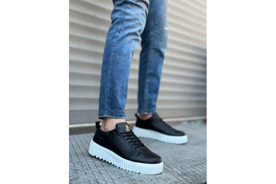 Shoecide Sb8104 Boa Yüksek Taban Siyah Cilt Bağcıklı Erkek Ayakkabı