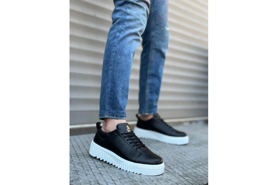 Shoecide Sb8104 Boa Yüksek Taban Siyah Cilt Bağcıklı Erkek Ayakkabı