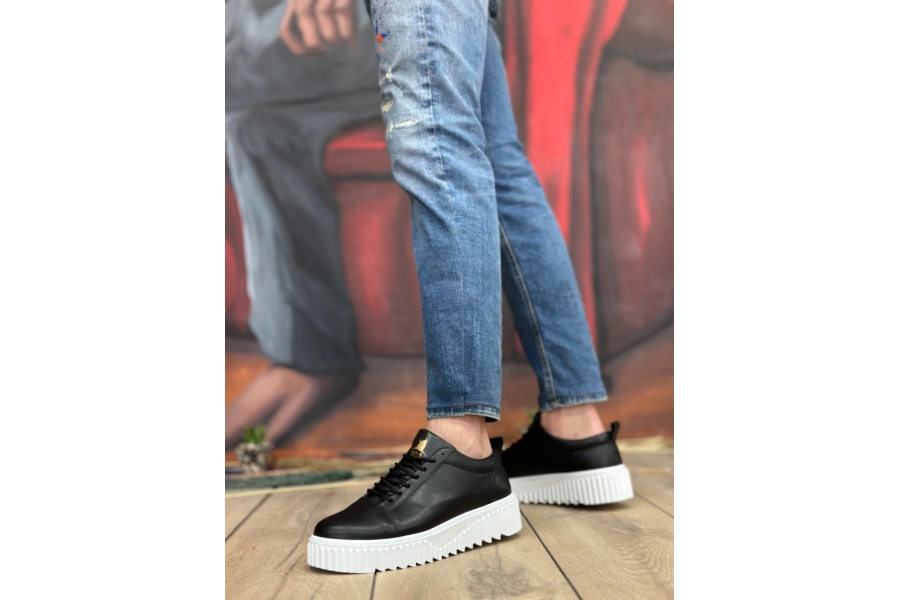 Shoecide Sb8104 Boa Yüksek Taban Siyah Cilt Bağcıklı Erkek Ayakkabı