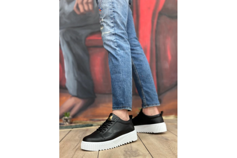 Shoecide Sb8104 Boa Yüksek Taban Siyah Cilt Bağcıklı Erkek Ayakkabı