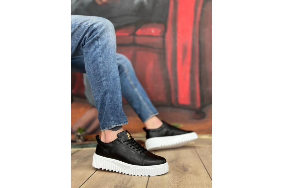 Shoecide Sb8104 Boa Yüksek Taban Siyah Cilt Bağcıklı Erkek Ayakkabı