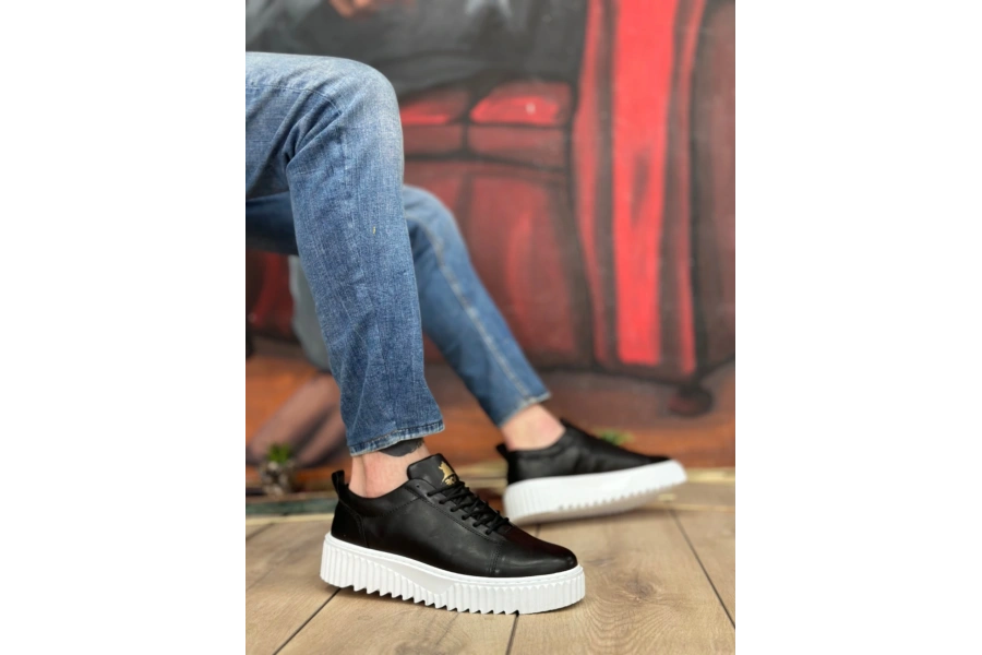Shoecide Sb8104 Boa Yüksek Taban Siyah Cilt Bağcıklı Erkek Ayakkabı
