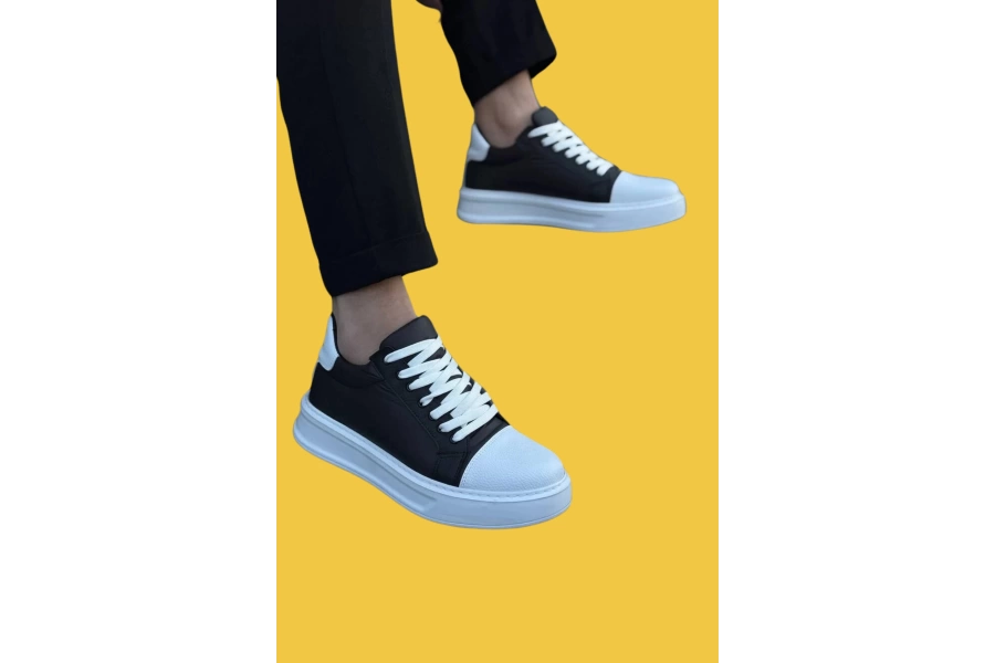 Shoecide sbKb-x46 Bağcıklı Siyah Beyaz Yüksek Beyaz Taban Erkek Günlük Spor Ayakkabı