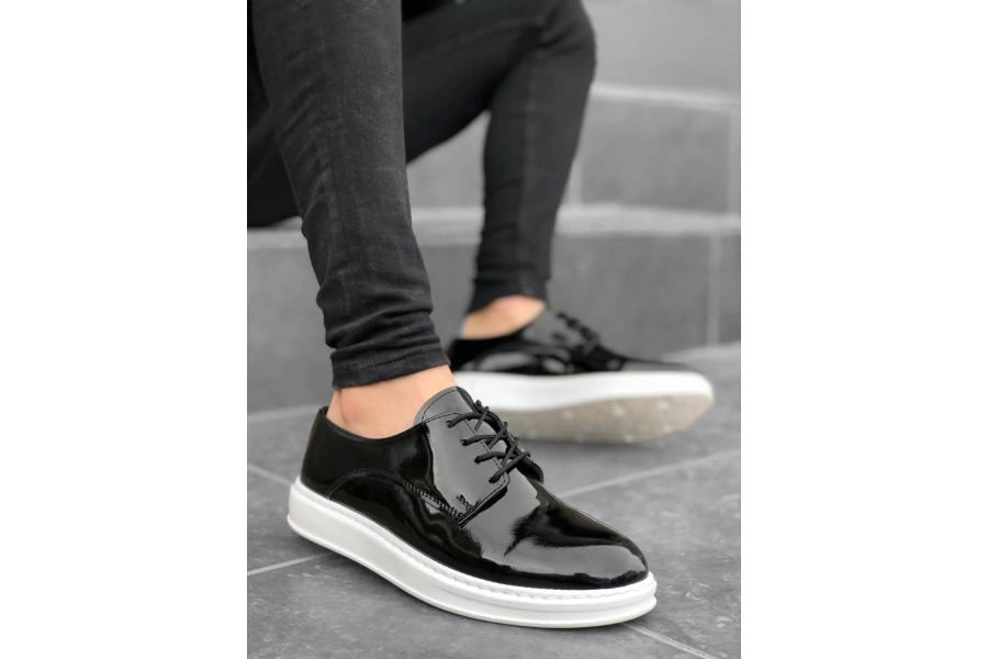 Shoecide Sbo0003 Bağcıklı Klasik  Siyah Rugan Yüksek Taban Casual Erkek Ayakkabı