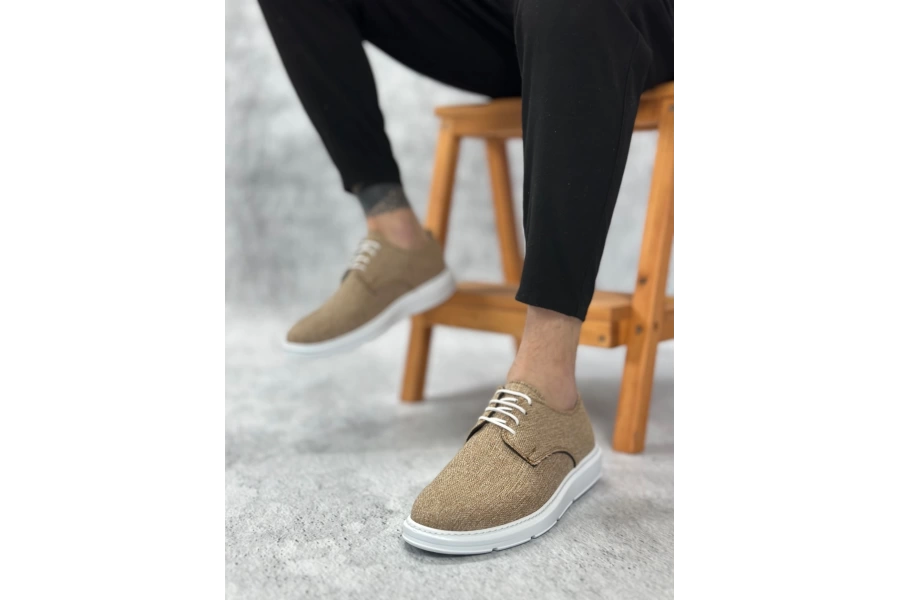 Shoecide Sbo0003 Bağcıklı Klasik Spor Keten Hardal Beyaz Taban Casual Erkek Ayakkabı