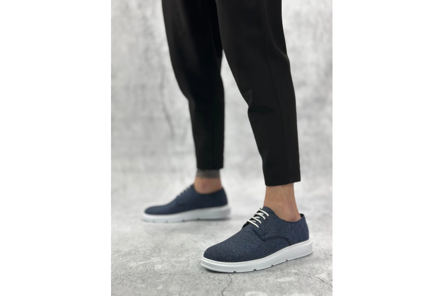 Shoecide Sbo0003 Bağcıklı Klasik Spor Keten Lacivert  Beyaz Taban Casual Erkek Ayakkabı