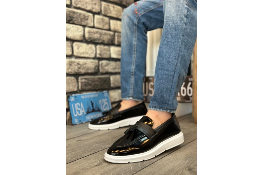 Shoecide Sbo0005 Bağcıksız Yüksek Beyaz Taban Klasik Rugan Püsküllü Corcik Erkek Ayakkabı