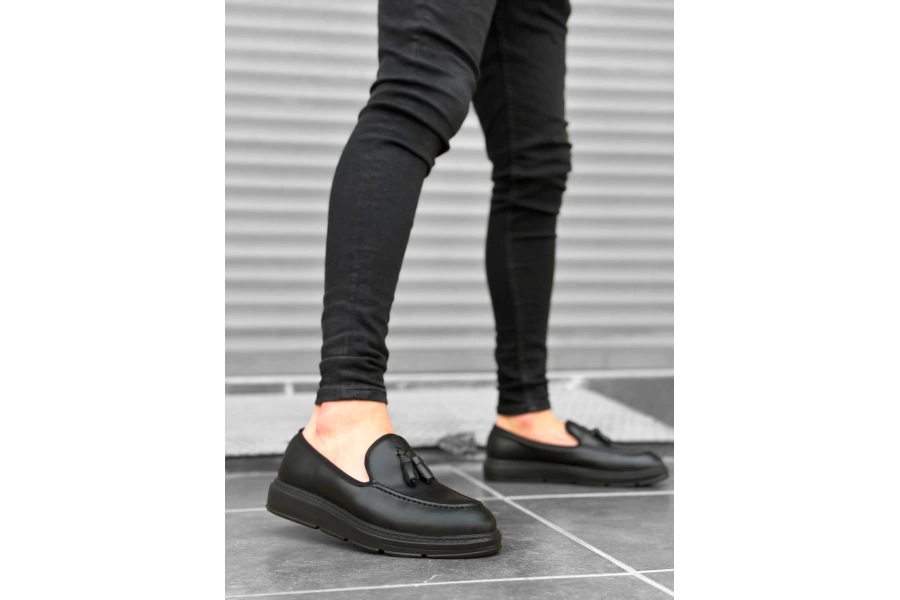 Shoecide Sbo0005 Bağcıksız Yüksek Siyah Taban Klasik Cilt Deri Püsküllü Corcik Erkek Ayakkabı