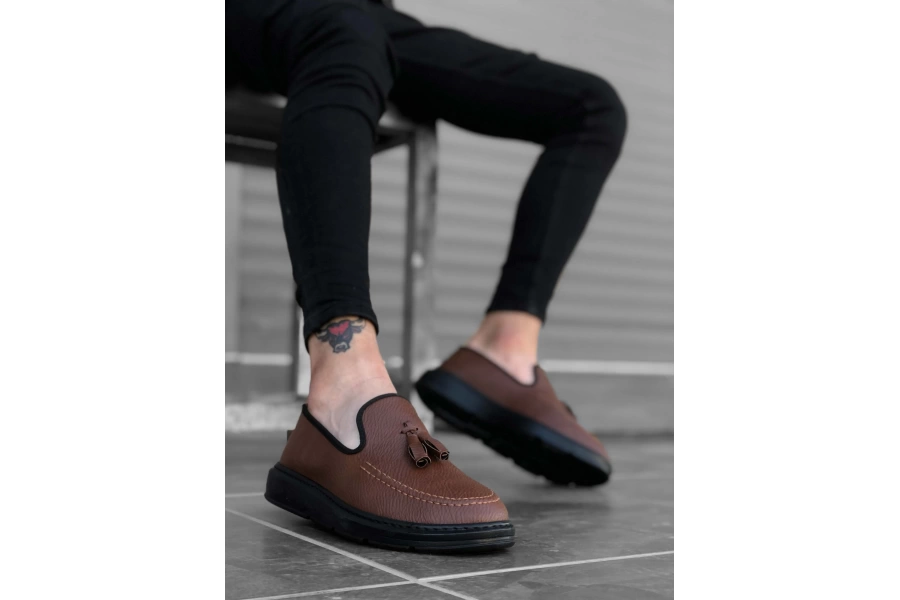Shoecide Sbo0005 Bağcıksız Yüksek Taban Klasik Taba Siyah Taban Püsküllü Erkek Ayakkabı