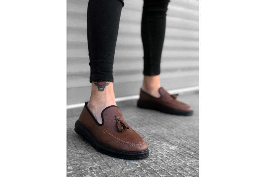 Shoecide Sbo0005 Bağcıksız Yüksek Taban Klasik Taba Siyah Taban Püsküllü Erkek Ayakkabı