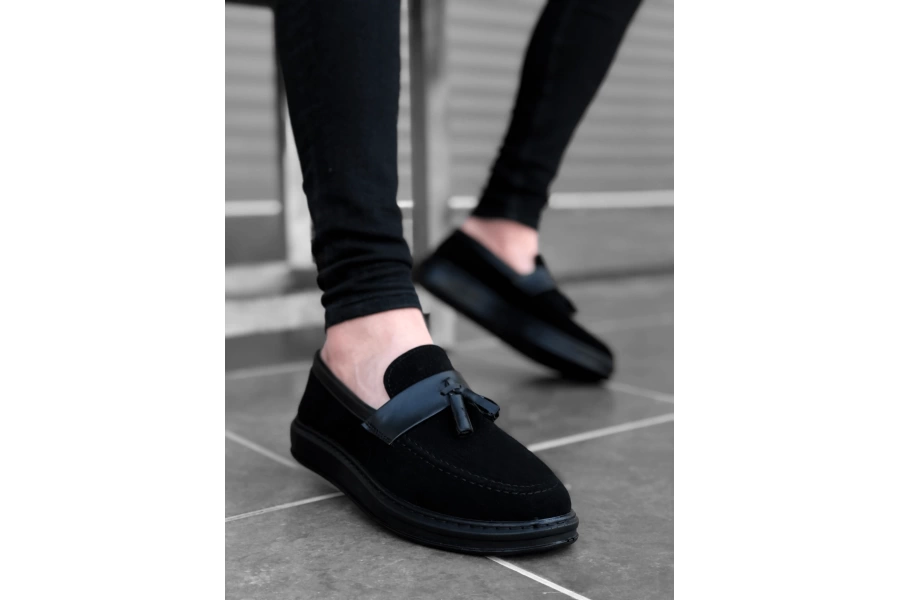 Shoecide Sbo0005 Bağcıksız Yüksek Taban Siyah Kemerli Klasik Püsküllü Corcik Erkek Ayakkabı