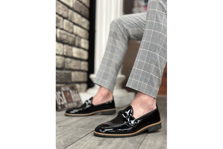 Shoecide Sbo0009 Rugan Püsküllü Corcik Siyah Çengel Tokalı Klasik Erkek Ayakkabısı