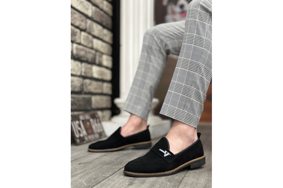 Shoecide Sbo0009 Süet Püsküllü Corcik Siyah V Fashıon Tokalı Klasik Erkek Ayakkabısı