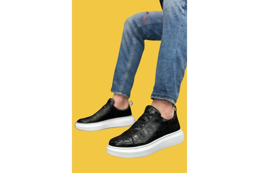 Shoecide Sbo0134 Çapraz Bant Kalın Yüksek Beyaz Taban Desenli Siyah Erkek Ayakkabı