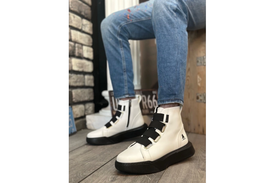 Shoecide Sbo0142 Bantlı Erkek Yüksek Taban Beyaz Siyah Spor Bot