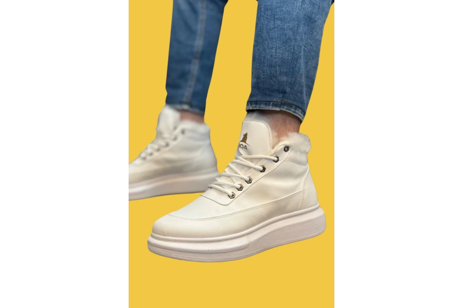 Shoecide Sbo0151 İçi Kürklü Bağcıklı Beyaz Erkek Tarz Spor Bot