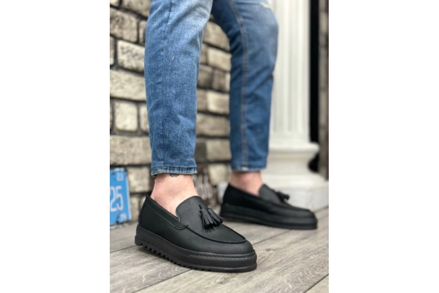 Shoecide Sbo0154  Bağcıksız Yüksek Taban Cilt Siyah Renk Püsküllü Erkek Ayakkabı