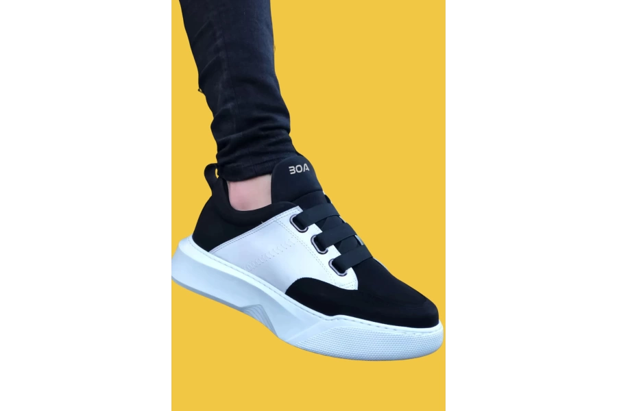 Shoecide Sbo0160 Bantlı Erkek Yüksek Taban Siyah Beyaz Spor Ayakkabı
