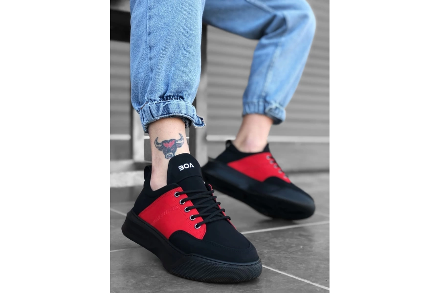 Shoecide Sbo0163 Bağcıklı Erkek Yüksek Taban Siyah Kırmızı Spor Ayakkabı