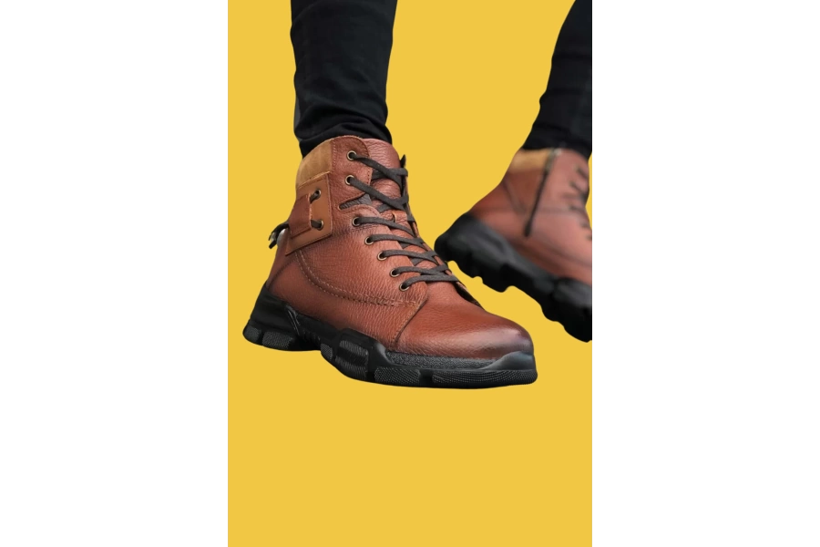 Shoecide Sbo0184 İçi Dışı Hakiki Deri Taba Erkek Fermuarlı Yarım Bot
